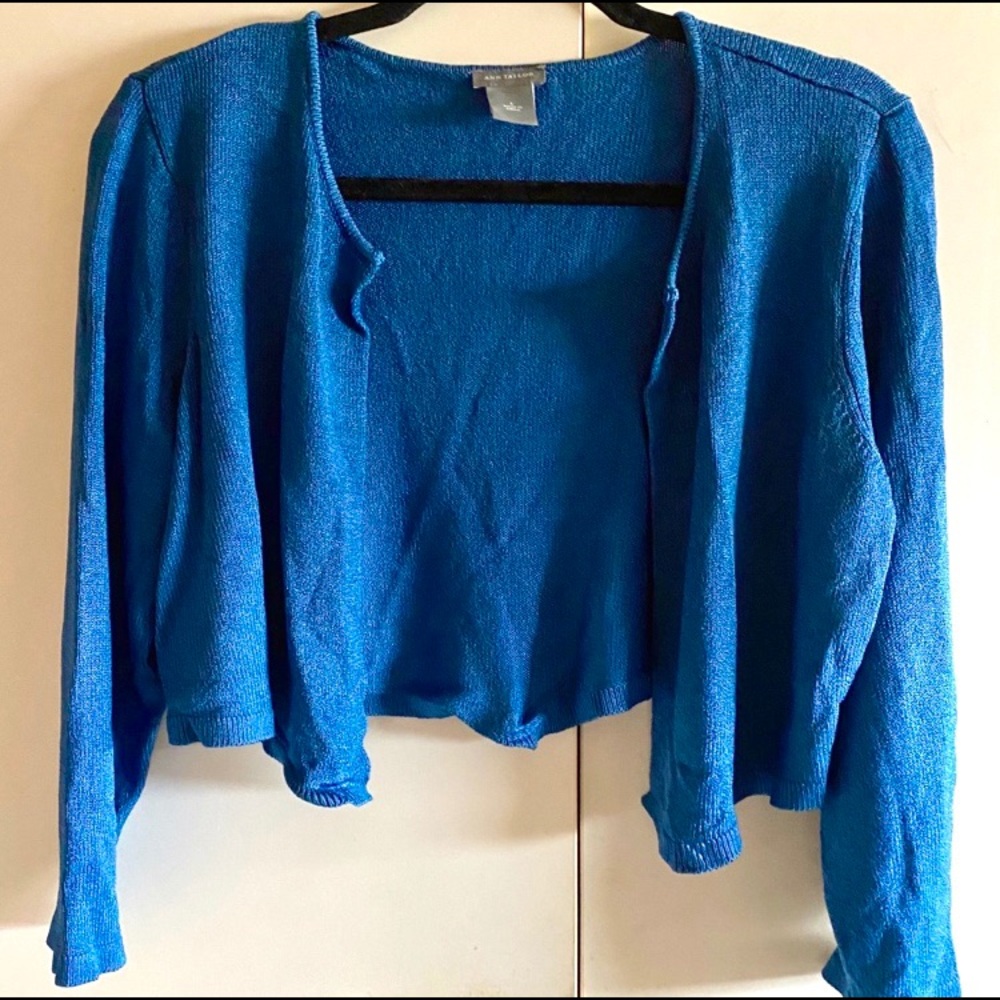 Ann Taylor Shimmery Blue Crop Cardigan; EUC